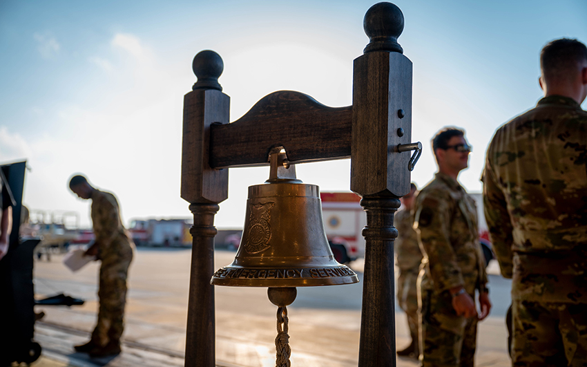 Ceremonial fire protection bell is on display during a 9/11 ceremony