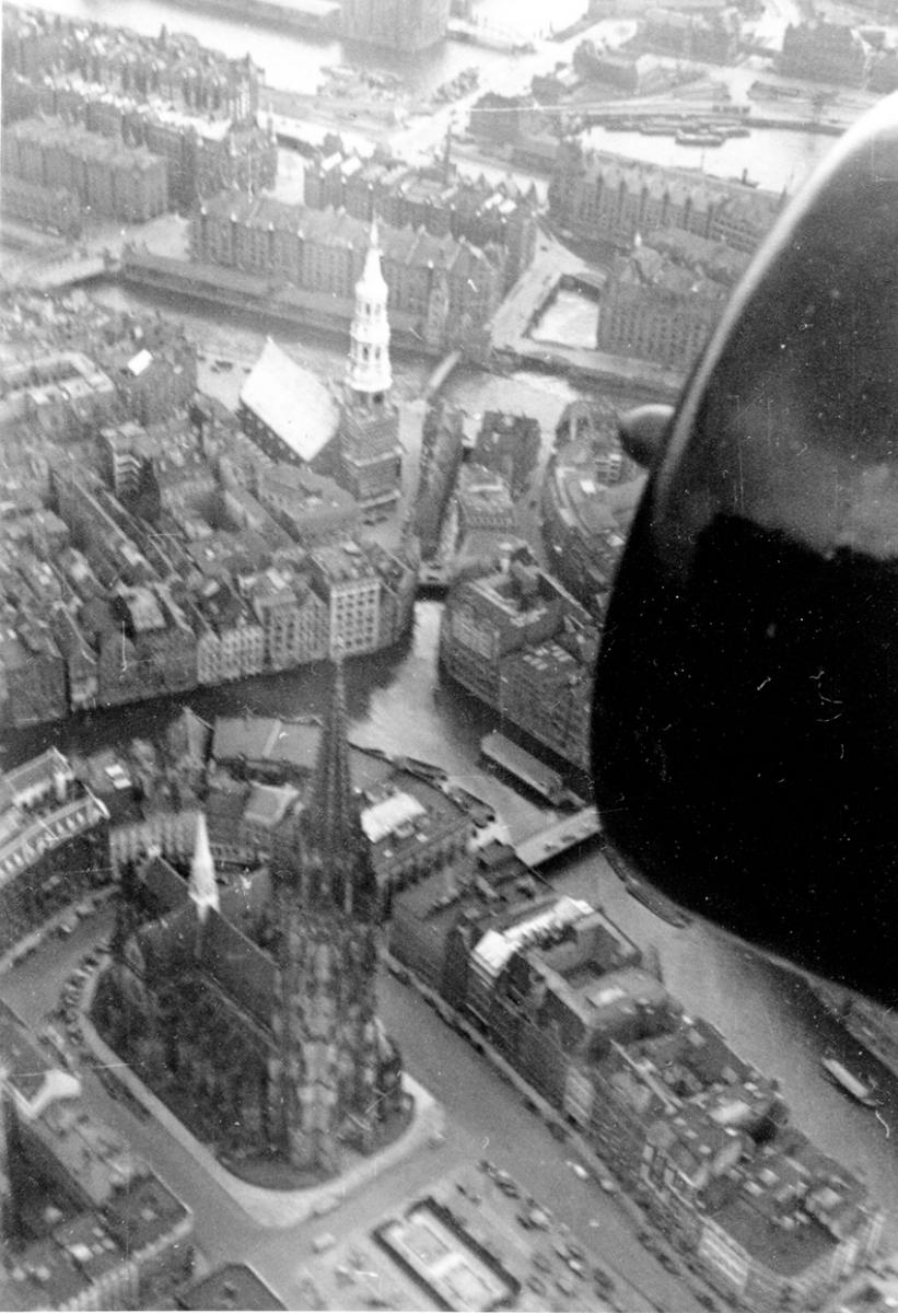 Aerial view of bell tower at St. Nicholas Church in Hamburg, Germany