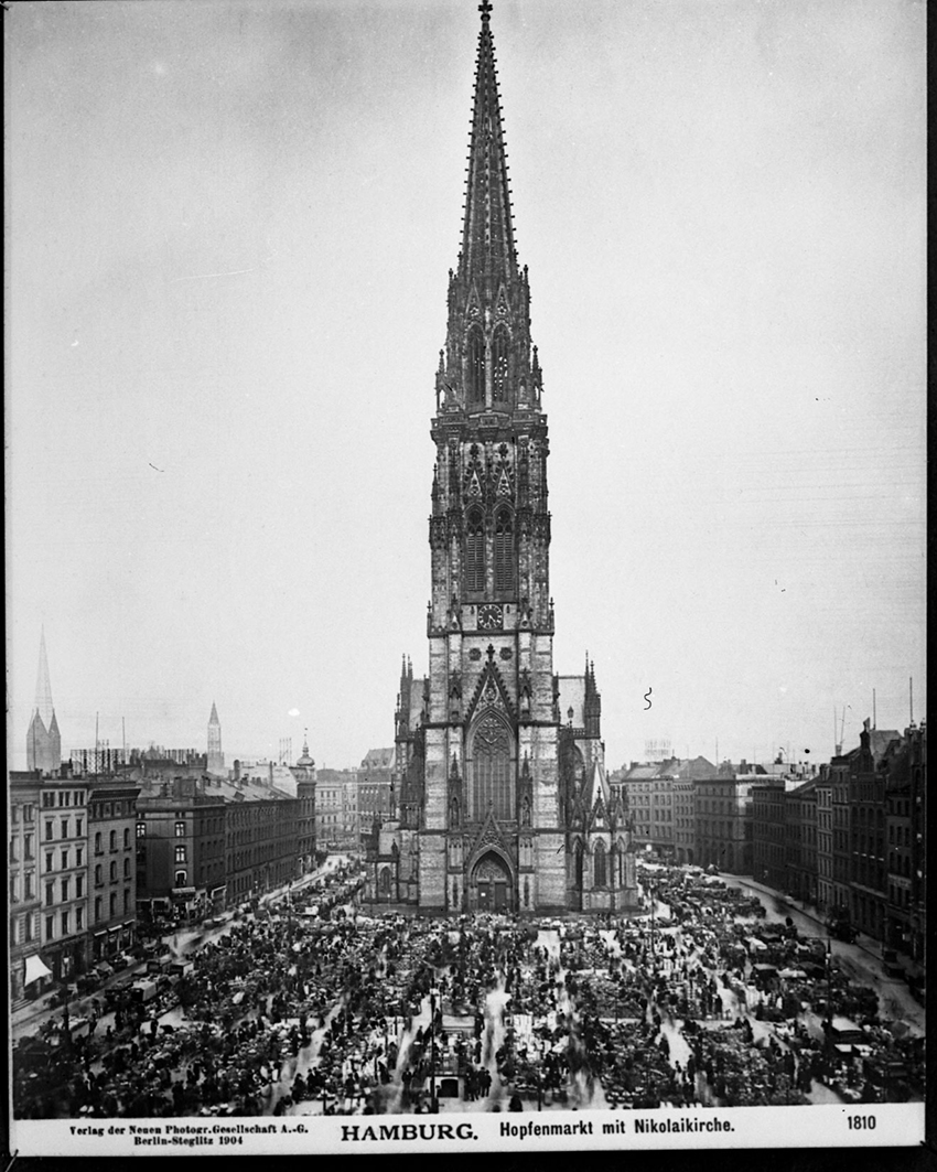Bell tower of St. Nicholas Cathedral in Hamburg, Germany, before World War II