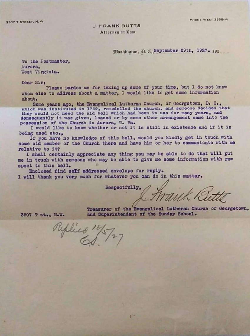 1927 Letter from Georgetown Lutheran Church to Recover Bell in West Virginia