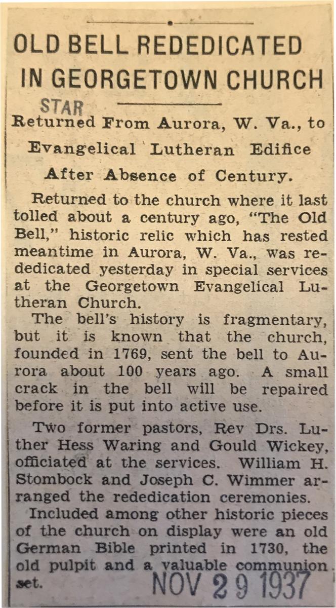 1937 Washington Star Article on Georgetown Lutheran Church Bell Rededication