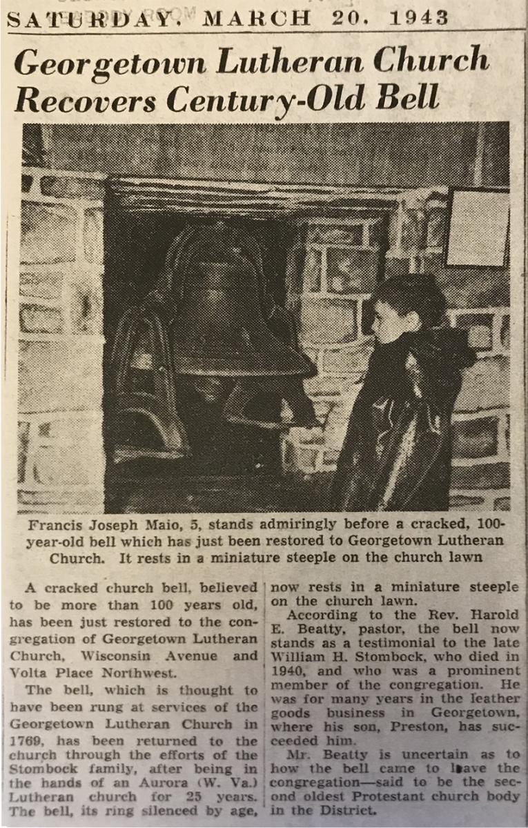 1943 Washington Post Article Showing Georgetown Lutheran Church Bell in Steeple