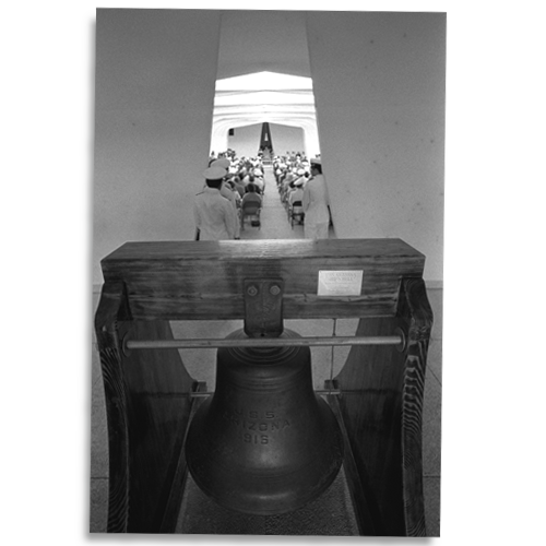 View of one of the two bells used on the battleship USS Arizona