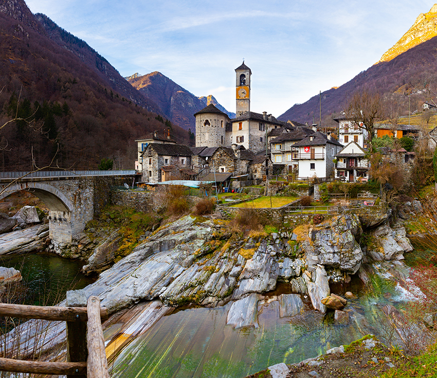 Bell tower of Santa Maria degli Angeli in Lavertezzo, Switzerland