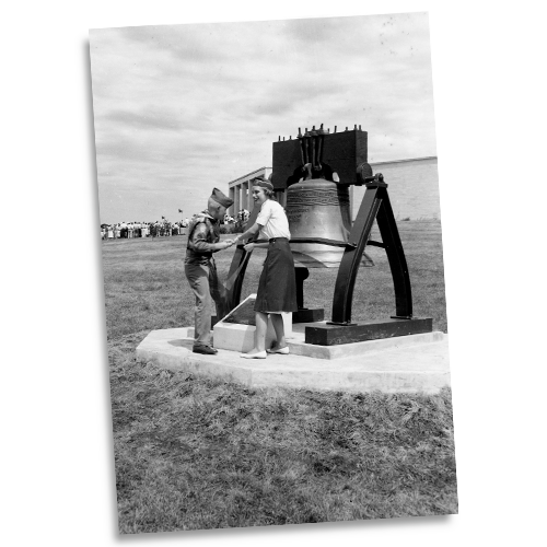 Boy and Girl Scouts Ringing Liberty Bell Replica