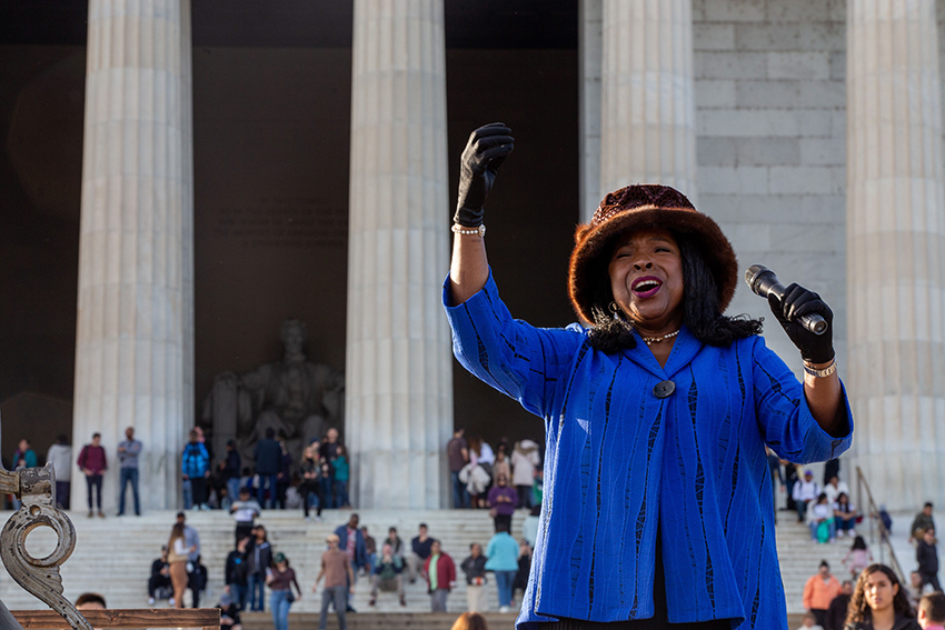 Dr. BJ Douglass on the steps of the Lincoln Memorial during the 2023 National Bell Festival
