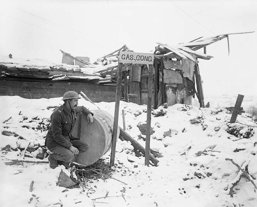 Gas gong or gas bell on the frontlines during World War I