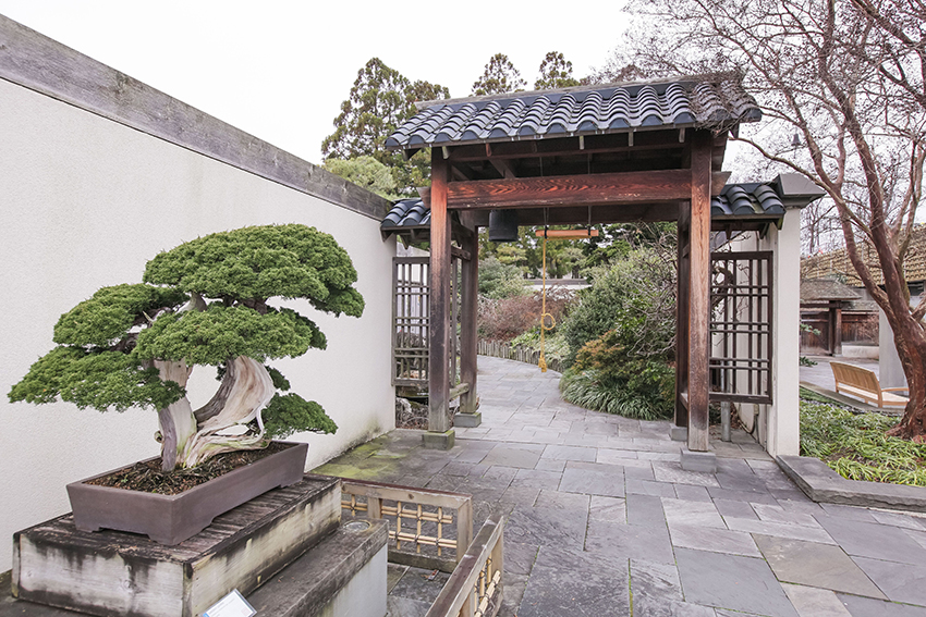 Entrance to the Japanese Pavilion at National Bonsai & Penjing Museum within the U.S. National Arboretum, home to a 1798 hanshō, or Japanese temple bell