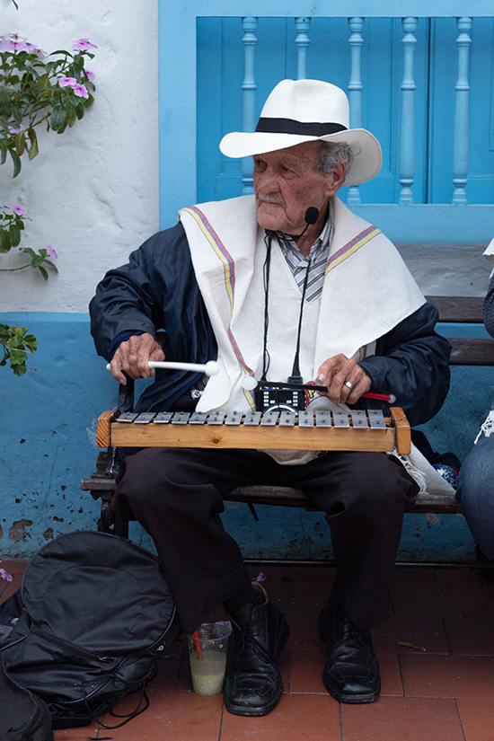 Man plays the xylophone, a type of idiophone, in Colombia