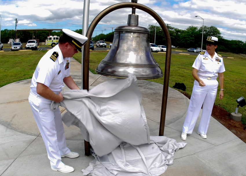 Rededicating the USS Hornet ship's bell at Pearl Harbor in Oahu, Hawaii