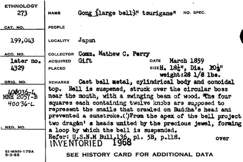 Catalog card of Commodore Matthew Perry bell