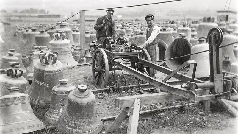 Workers in Prague sort confiscated bells for shipment to Germany